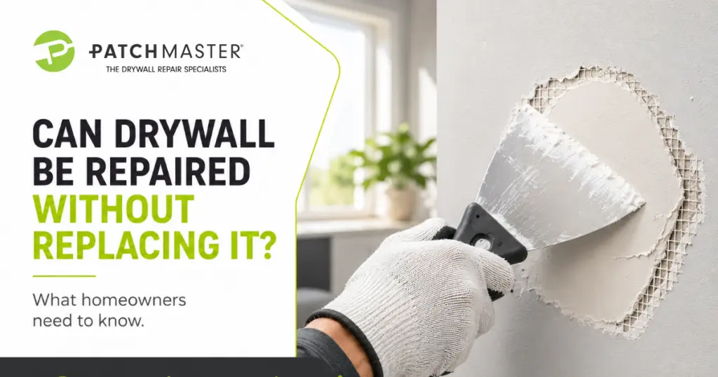 Professional drywall repair being completed on a damaged wall without replacing the entire drywall section.