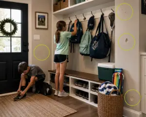 Busy family mudroom showing scratched walls, drywall dents, chipped paint and corner damage near backpacks and sports gear