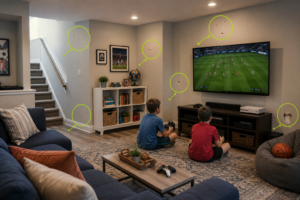 Kids playing in a basement with drywall dents, wall holes, paint scuffs and damaged corners from everyday activity
