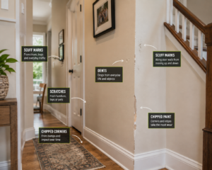 Hallway and stairwell showing wall scuffs, drywall dents, scratches and chipped corners from everyday family traffic