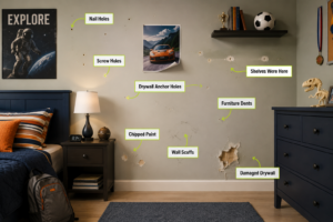 Kids' bedroom showing nail holes, screw holes, drywall anchor holes, wall scuffs and damaged drywall after a busy summer